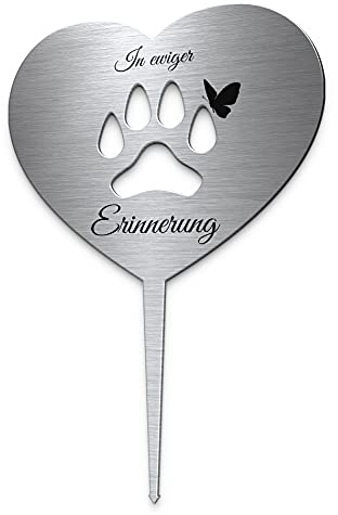 CHRISCK design Grabstecker Herz mit Pfote aus Edelstahl mit Trauer Spruch oder Namen | Grabschmuck Katze o. Hund - Grab Deko für Tiere | wetterfest & personalisierbar für EIN Tiergrab o. Garten
