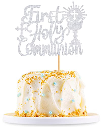 Blumomon 1Pc First Holy Communion Cake Topper Glitter Baby Baptism Christening Cake Pick God Bless Cake Decorations for First Communion Theme Baby Shower Birthday Party Supplies Silver