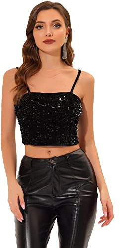Allegra K Damen Pailletten Oberteil Ärmellos Tanktop Spaghettiträger Glitzer Cami Party Crop Top Schwarz S