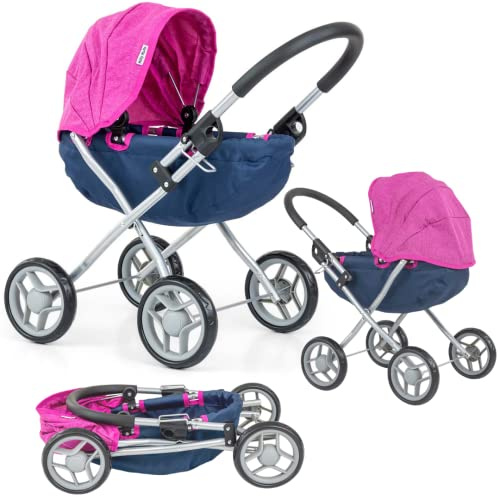 Milly Mally Dori - Carrozzina pieghevole per bambine da 3 anni con baldacchino ruote in schiuma cinghie Prestige Navy