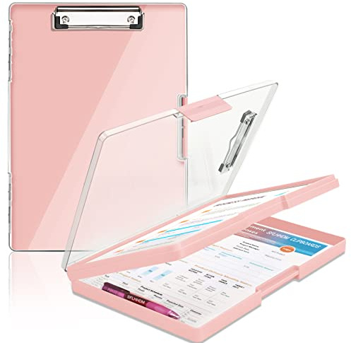 SFLHHDM Clipboard with Storage,Heavy Duty Clip Boards 8.5x11 with 2 Storage Case,Clear Visible Panel Storage Clipboards,Side Opening Nursing Clipboard Folder for Office Supplies-Pale Pink