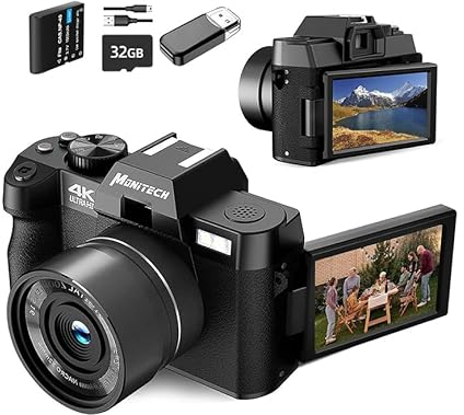 Mo Digitalkamera für Fotografie und Video, 4K 48 MP Videoaufzeichnungskamera für YouTube mit 180° drehbarem Display, 16-facher Digitalzoom, 32 GB TF-Karte, 1 Akku,S100