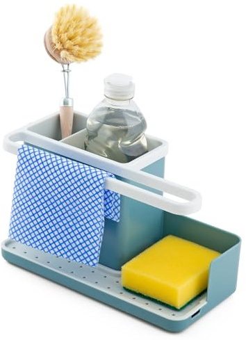 simplywire – Sink Tidy/Caddy – Kitchen Sink Organiser – Removable Drip Tray – Non-Slip – Teal Blue and White