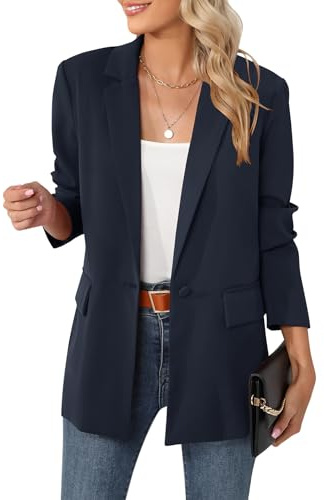 Luyaa, giacca blazer oversize da donna, casual, per lavoro e ufficio, con apertura sul davanti, in tessuto con fodera e spalline imbottite, Blu navy, XX-Large