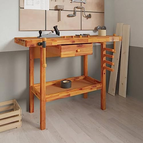 Festnight Banco de Trabajo de Madera Acacia 124x52x83cm, con Cajones Tornillos, Mesa de Trabajo Taller, Banco de Trabajo Taller, Mesa Trabajo, Banco de Carpintero, Banco Herramientas#3