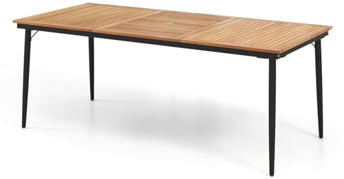 TANGZON Solid Acacia Wood Garden Table for 4/8 Person, Slatted Outdoor Dining Table with Parasol Hole, Metal Frame Desk Furniture for Patio Terrace Backyard Bistro (Slanted Legs, 200x90x75cm)