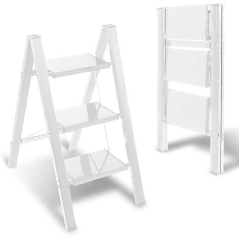 Eulenke Escabeau à 3 marches pliable en aluminium - Échelle sur pied légère - Portable - Large pédale antidérapante - Pour ménage, bureau, cuisine - Charge maximale : 150 kg - Blanc