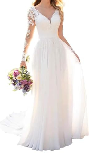 YIANN Ivory Wedding Dresses Long Sleeve V-Neck Lace Chiffon Beach Boho Bridal Gowns for Bride 2024 UK12