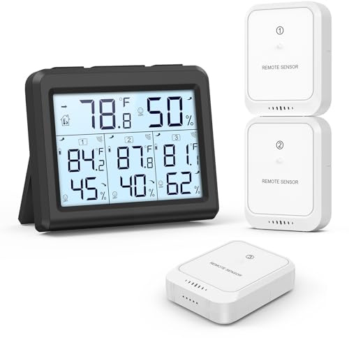 AMIR Indoor Outdoor Thermometer, 3 Channels Digital Hygrometer Thermometer with 3 Sensor, Temperature Humidity Monitor with LCD Display, Wireless Humidity Gauge for Home, Baby Room-Black