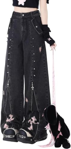 YongXinMY Jeans da donna a vita alta Y2k Goth a gamba larga - vestibilità larga patchwork punk jeans estetici pantaloni larghi primavera autunno streetwear, Multicolore, M