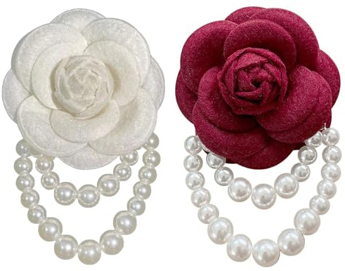 2 Piezas Broches de Tela con Flores de Camelia, Mujeres Broche Camelia Flores Cuentas, Pulsera de Doble uso para Mujer, Traje, Sombrero, Vestido, Camisa, Ramillete de Corbata
