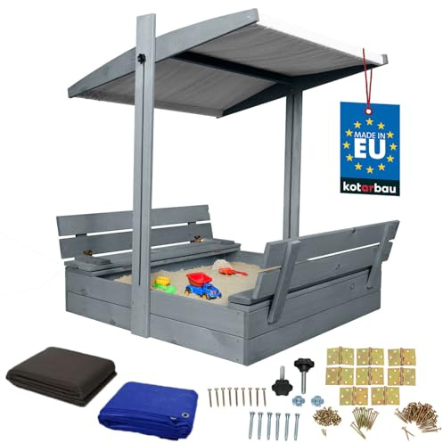 KOTARBAU® Sandlåda i Trä 100 x 100 cm, Sandlåda med Lock | Grå, Bänkar, för Barn Utomhus, med Grått Tak, med Solskydd och Markduk