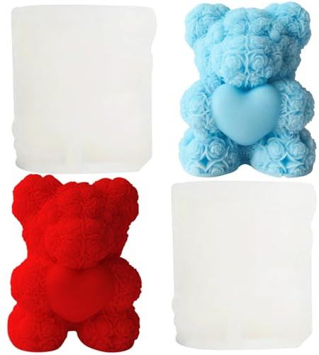 Fahibin 2Pcs Rose Bear Shape Candle Mold, Rose Bear Candle Mold for Epoxy Resin Silicone Teddy Casting Mould for DIY Aromatherapy Wax Candle Soap