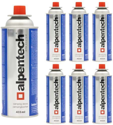 Alpen Camping 7-pack butangas patron, 250 g, 450 ml, stickpatron för gasspis, lödbrännare, bunsbrännare, camping, spis, utomhus, matlagning, påfyllningsbar gasflaska, EN 417, kompatibel (7 stycken)