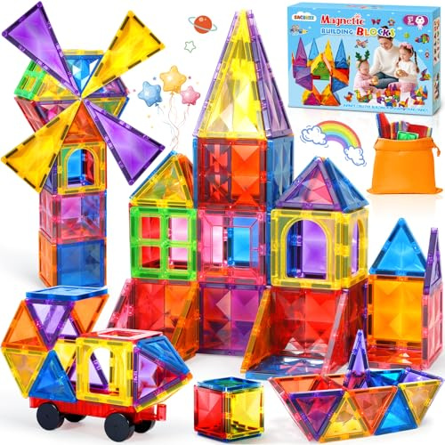 Blocs De Construction Magnétiques, 60 Pièces Construction Magnetique Enfant, Avec 1 Voitures, 3D Jeux De Aimantés,Jouets Magnétiques Pour Les Enfants De 3 4 5 6 7 8 Ans Cadeaux D'anniversaire De Noël