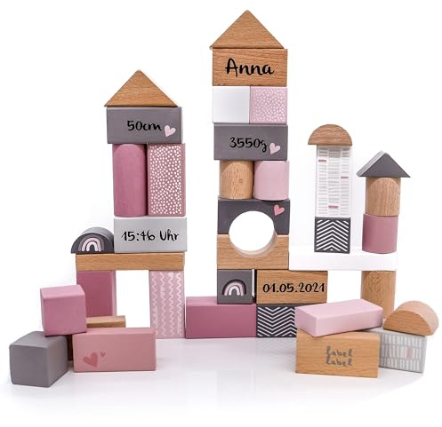 Lot de 50 blocs de construction en bois personnalisables - Boîte de rangement et apprentissage des formes - Pour enfants à partir de 2 ans - Avec nom et dates de naissance - Label (rose)