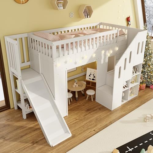 RIAZOS Loft Bed with Storage Stairs - 3FT Multifunctional Kids Bunk Bed with Slide and Stairs, Solid Wood Frame, Safety Guardrail, with LED Light Strip, for Kids Boys Girls, Solid Wood, White