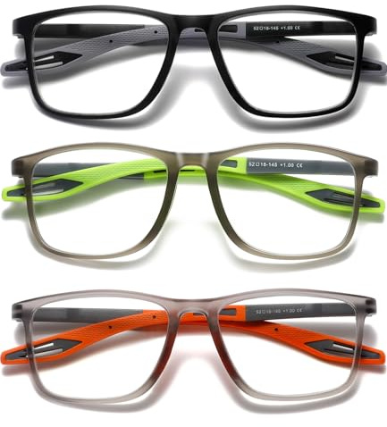 Viseng Gafas de Lectura Deportivas Diseño Rectangular Amplio Filtro Luz Azul Ligeras y Cómodas Unisex Hombre Mujer Negro y naranja y verde 2.5