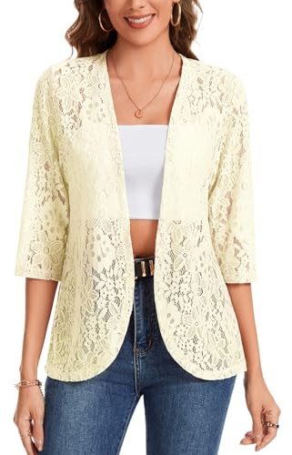 Womens Lace Cardigan 3/4 Sleeve Elegant Casual Shrug Bolero Dress Cover Up | Womens Lace Cardigans Open Front 3/4 Sleeve Shrug Bolero Casual Shrugs Layering Top Dress Cover Up Elegant