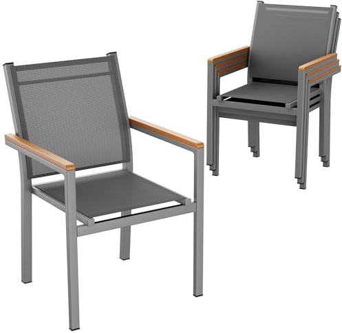 LIFERUN Lot de 4 chaises de jardin empilables en aluminium textilène avec main courante WPC pour terrasse, balcon, terrasse, piscine, restaurants, résistantes aux intempéries, gris