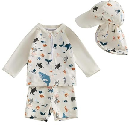 UV Schutzkleidung Kinder Bademode - Badeanzugg für Jungen - langärmelig - Rashguard - Badehose mit Mütze - 3-teiliges Set für Kleinkinder