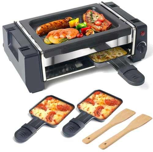 Raclette Grill, Electric Griddle with 2 Cheese Pans & 2 Spatulas, 500W Nonstick Temperature Control Indoor BBQ Grill for Family and Party