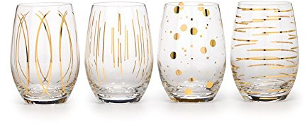 Mikasa Cheers Etched Crystal Stemless Wine Glasses, 470 ml - Gold Effect (Set of 4)