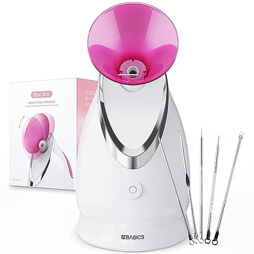 EZBASICS Gesichtsdampfer Gesichtssauna Nano Ionic Gesichtsdampfer Warmer Nebel Gesichtsdampfer Gesicht Heim-Sauna SPA Gesichts-Befeuchter Gesichtszerstäuber 1 Pack + 5 Stainless Steel Skin Kit Rosa