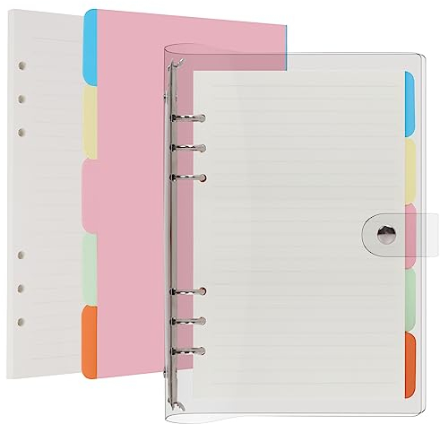 Toplive A5 Ringbuch 6 Runde Ringmappe Transparent PVC Notizbuchhülle Binder Tagebuch mit A5-Füllpapier und 5 Index Register