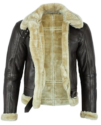 Leatherick Men Brown Aviator Real Goat Skin Leather Shearling Style Vintage Bomber Flying Jacket (M)