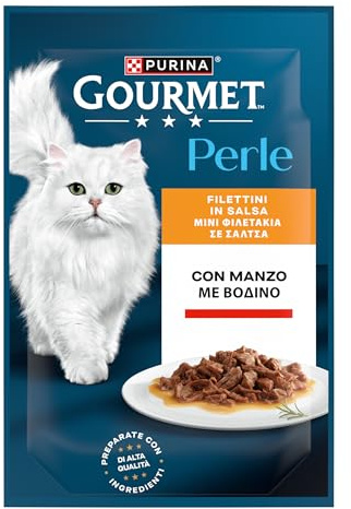 Purina Gourmet Perle Filettini in Salsa Cibo Umido per Gatti con Manzo, 26 Buste da 85g