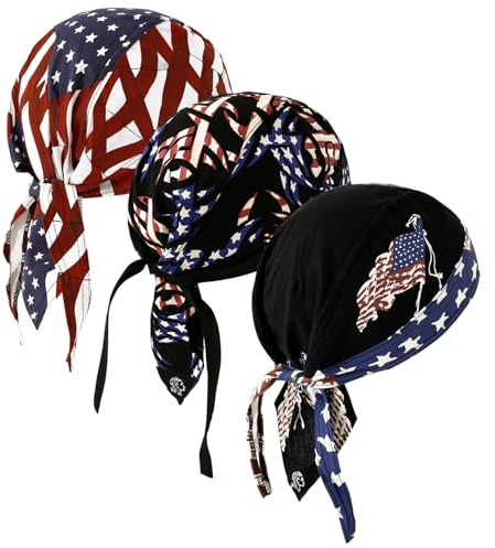 DOCILA 3 Pcs Do Rags for Men Stripe Star Skull Cap American Flag Bandana Hat Breathable Helmet Linner Beanie Patriotic Cycling Hats Veterans Memorial Gifts