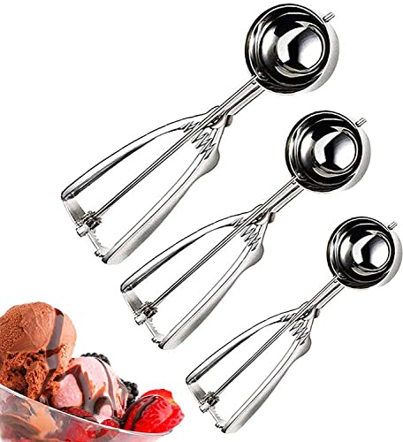 LCE Cream Scoop Set, Stainless Steel, 3 Pieces of Trigger with Fruit, Ice Cream, Mashed Food,Stainless Steel Cookie Scoop for Meatballs(Large, Medium and Small)