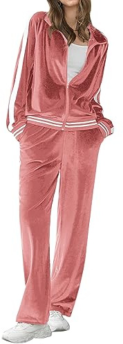 Ekouaer Women's Velvet Velor Tracksuits 2 Piece Lounge Outfits Zip Up Sweatshirt and Sweatpants with Pockets S-3XL(Pink,3X-Large)