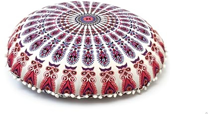 CRAFT KALA 32 Large Round Bohemian Floor Pillow Cover Boho Pouf Cover Mandala Meditation Room Pillows Cover Adults Seating Poufs Cushion Cover for Kids Reading Playroom New Pink Mirchi