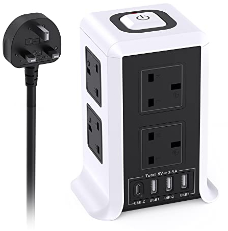 Tower Extension Lead with USB Slots, 8 Way Multi Plug Extension Tower & 4 USB Ports,Surge Protected Extension Lead with Switch, 2M Extension Cable,Tower Extension Cord for Home, Office