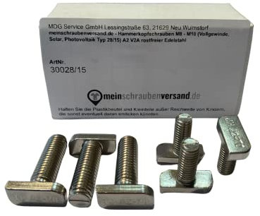 meinschraubenversand.de - Tornillos de cabeza de martillo M10 x 30 100 unidades (rosca completa, solar, tipo fotovoltaico 28/15) A2 V2A acero inoxidable - M10 x 30 100