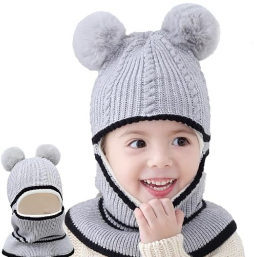 Set di sciarpa invernale per bambini con cappuccio, 2-5 anni, con doppio pompon e cappuccio, cappello spesso foderato in pile, berretto con pompon all'uncinetto, scaldacollo, collare, testa,