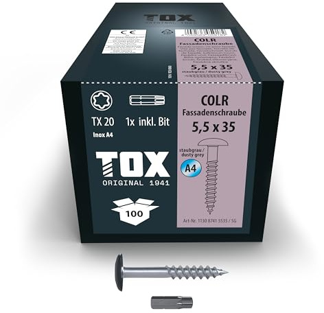 TOX Fassadenschrauben COLR 5,5 x 35 mm, Schrauben für Fassadenplatten aus Edelstahl A4 mit farbigem Tellerkopf, korrosions- und UV-beständig, 100 Stück im Karton, inkl. 1x Bit, 113087415535/SG
