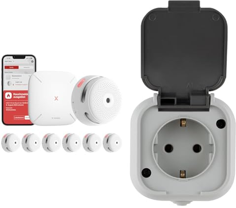 X-Sense Smart Rauchmelder XS01-M mit SBS50 Basisstation & REV Standard, Feuchtraumsteckdose, Aufputz, grau