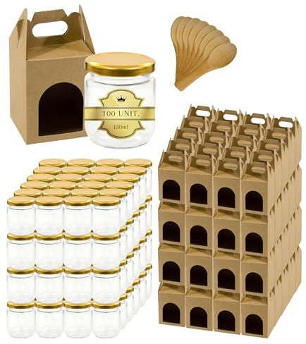 Espirito Rebelde - Tarros de cristal vacías con tapa de 150 ml con 100 hojas de cartón para 1 tarro de mermelada y cuchara para mermeladas, conservas, miel- Regalos de boda