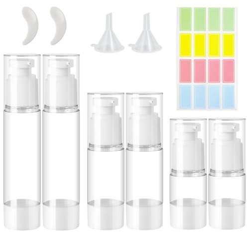 ZDNT 6 stycken Airless pumpdispenser, krämdispenser pumpflaska, tom, påfyllningsbar vakuum kosmetisk behållare, vakuum reseflaskor för fyllning med klistermärken, spatel för resor, lotioner, schampo
