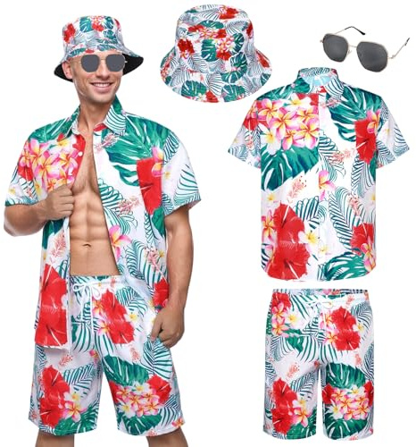 Raveparty Chemise hawaïenne pour homme, costume hawaïen, chapeau, t-shirt d'été et short, lunettes de soleil, chemise de plage, manches courtes, décontracté, Style C., XL