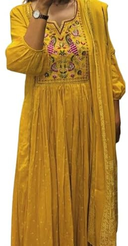 Sambhav Quilt Hub Set da donna con Kurta e pantaloni ricamati Anarkali con stampa in cotone Malmal Dupatta e pizzo, Giallo, Large