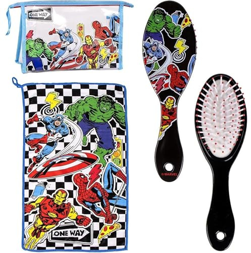 Set de Cepillo para Cabello Infantil Marvel Avengers con Toalla y Estuche Transparente - Neceser Avengers de Cuidado Personal y Accesorios Originales de Superhéroes