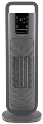 Morphy Richards HeatFlux Ultra Thin 2kw Ceramic Tower Fan Heater, Remote Control, Compact, 20m2, ECO Mode, Anti-freeze, 24h Timer, Touch LED Display, Low Noise 45db, Oscillation, Grey, 825404