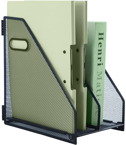 IOUGDSEC Metal Magazine File Holder for Desk with 2 Vertical Compartments ，A4 Document File Holder with handle, Mesh Durable Desktop File Rack for Office School and Home，Black