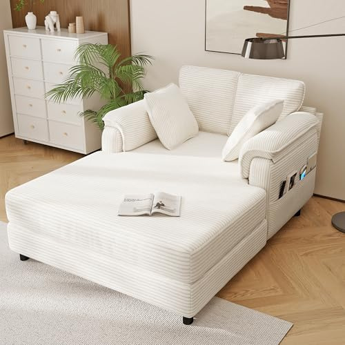Real Relax Chaise Lounge Chair Indoor, 58'' Oversized Comfy Upholstered Lounge Sofa Bed with Wooden and Iron Frame, Cozy Sleeper Couch for Living Room, Game Room, Apartment, Corduroy, Beige