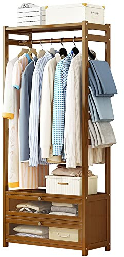 Appendiabiti in bambù con ripiani e cassetti, elegante appendiabiti in bambù aperto per vestiti e scarpe, soluzione ecologica per armadio