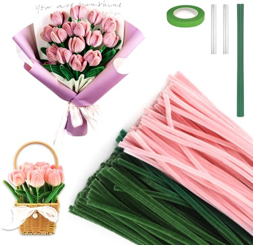 200pcs Pipe Cleaners for Craft Flowers 30cm Long Kit with Flower Stems Florist Tape Super Flexible Tulip Bouquet Pipecleaners Fluffy Pink Green for Flower DIY Craft Kit Gift Kids Art Projects
